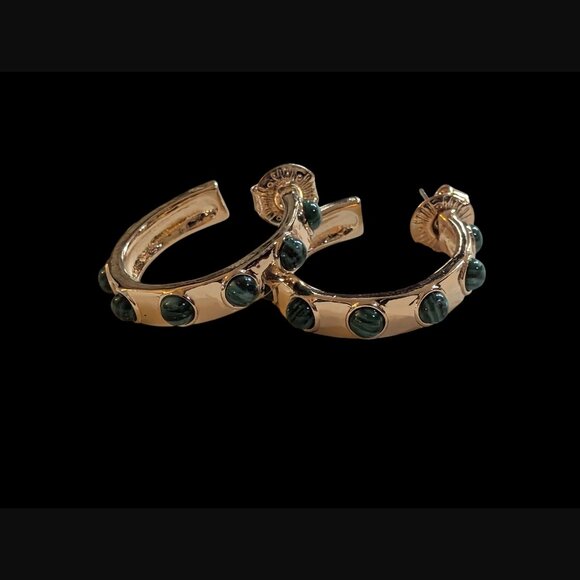 Robert Lee Morris Soho Gold Tone Faux Malachite 30mm Open C Stud Earrings - Picture 2 of 13